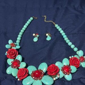 Turquoise and Red Floral Necklace and Earring Set